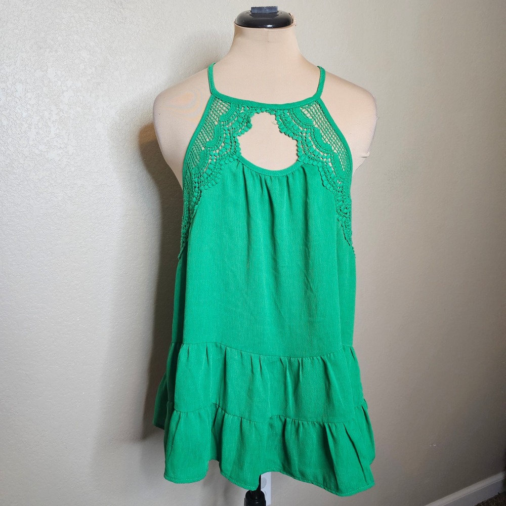 Umgee Kelly Green Crochet Lace Halter Tiered Ruffle Tank Top Womens Large